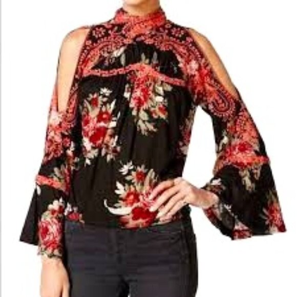 Free People Embroidered Bell Sleeve Cold Shoulder Top - Picture 3 of 4